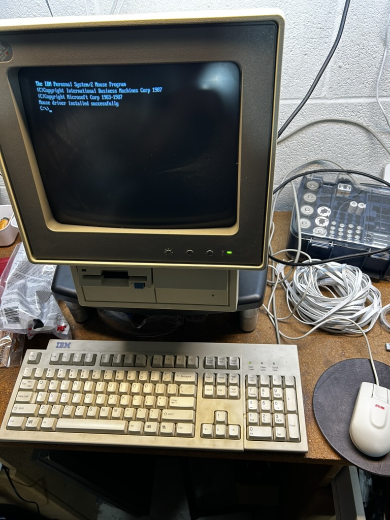 IBM PS/2 computer with CRT monitor showing a DOS prompt, IBM keyboard, and mouse